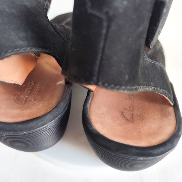 Clarks Comfort Sandals Size 10 Reedly Salene Black Suede Wedge Heel Platform - Picture 11 of 12